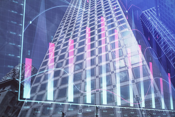 Fototapeta na wymiar Forex chart on cityscape with tall buildings background multi exposure. Financial research concept.