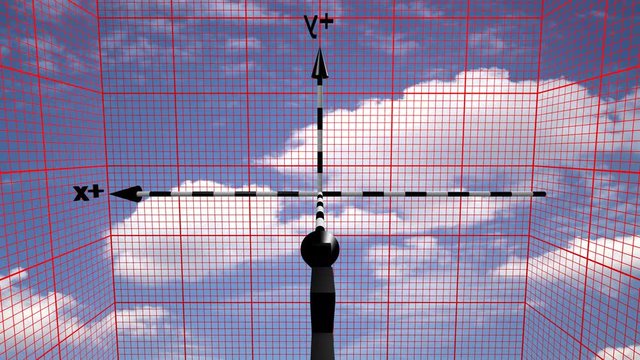 Time lapse of the reference system of the three-dimensional space of the Cartesian axes, on a sky background