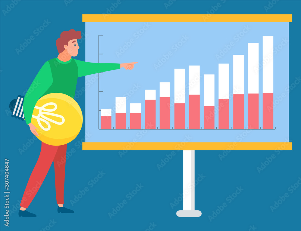 Poster man standing with light bulb near statistics chart and looking on it. business tools for innovations