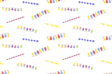 A repeat pattern of watercolor hand drawn light bulb garlands on the white background, festive and joyful mood