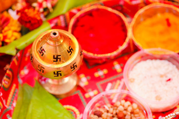 Traditional indian wedding ceremony:   coper kalash 