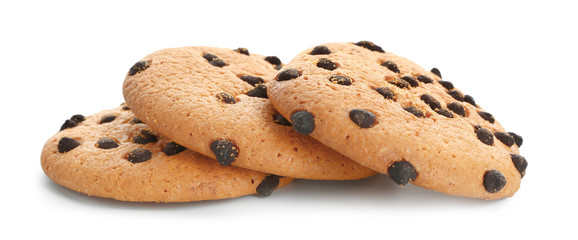 Tasty cookies with chocolate chips on white background