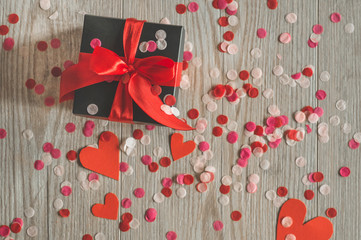 Love concept for mothers day and valentine's day. Happy Valentines day hearts on wooden background. Valentine card with space for text
