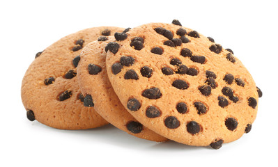 Tasty cookies with chocolate chips on white background
