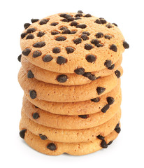 Tasty cookies with chocolate chips on white background