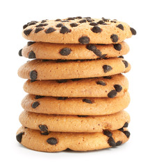 Tasty cookies with chocolate chips on white background