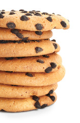 Tasty cookies with chocolate chips on white background