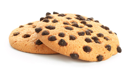 Tasty cookies with chocolate chips on white background