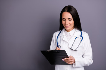 Close-up portrait of her she nice cheery kind brunet girl doc writing advice therapy sickness history consulting client patient isolated over grey violet purple pastel color background