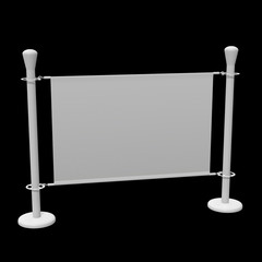 Blank Banner Stand. Trade show booth white and blank. 3d render on black background. High Resolution Template for your design.