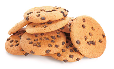 Tasty cookies with chocolate chips on white background