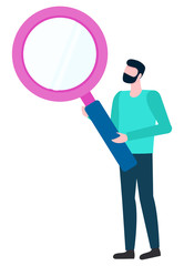 Fototapeta na wymiar Bearded man with magnifying glass isolated cartoon style person. Vector male with magnifier analyzing and investigating with loupe. Broker examining symbol