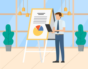 Presenter introducing new innovations vector, man with whiteboard and laptop. Person showing diagram with segments, office interior with plants and windows