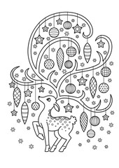 Doodle coloring book page for adult. Deer with christmas decoration