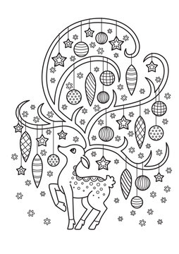 Doodle coloring book page for adult. Deer with christmas decoration