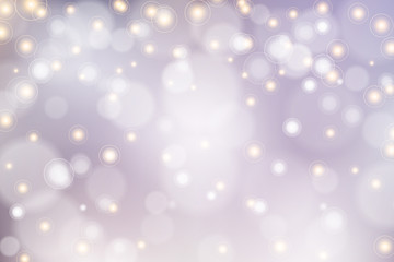 Silver bokeh background. Christmas glowing lights with sparkles. Holiday decorative effect.