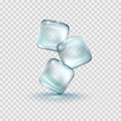 Ice cubes isolated on transparent background. Realistic freeze water icon. Vector blue blocks template.