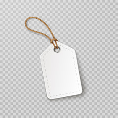 Tag with rope isolated on transparent background. Cardboard label, paper sale or gift empty sticker and string. Vector blank realistic price banner, promo offer mockup.. - obrazy, fototapety, plakaty
