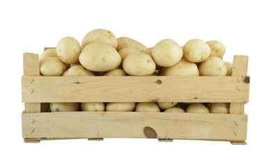 Potato in wooden crate isolated on white