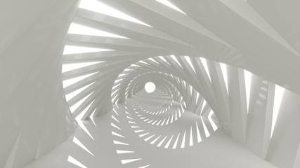 Turning abstract white corridor with glowing end. Minimal architectural background. Concept for art, interior design and futuristic background. 3d rendering illustration.