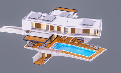 3d rendering of modern cozy house on the hill with garage and pool for sale or rent in evening with cozy light from window. Isolated on gray