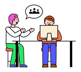 People working in pair at work. Isolated male characters at job dealing with project improvement. Man talking to colleague about users. Freelancers team discussing business ideas or concept vector