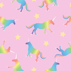 Seamless pattern rainbow unicorn and stars on pink background, vector eps 10