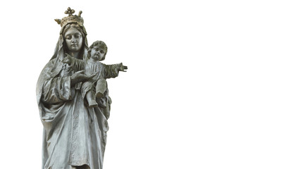 Statue of Virgin Mary and Jesus Christ as a symbol of love and kindness. Free space for text.