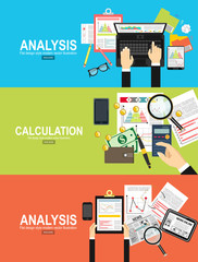 Calculation concept. Businessman, accountant . Flat design, Vector Illustration. Financial calculations, counting profit, income, taxes, statistics, data analytics, planning, report.Business analysis