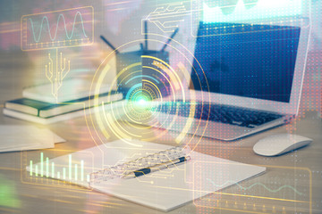 Double exposure of computer and technology theme drawing. Concept of innovation.