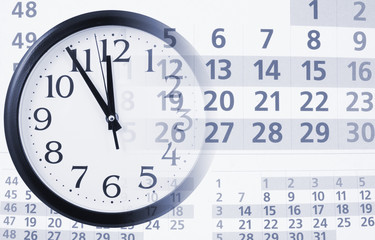 Time passing, planning and appointment concept with clock and calendar page
