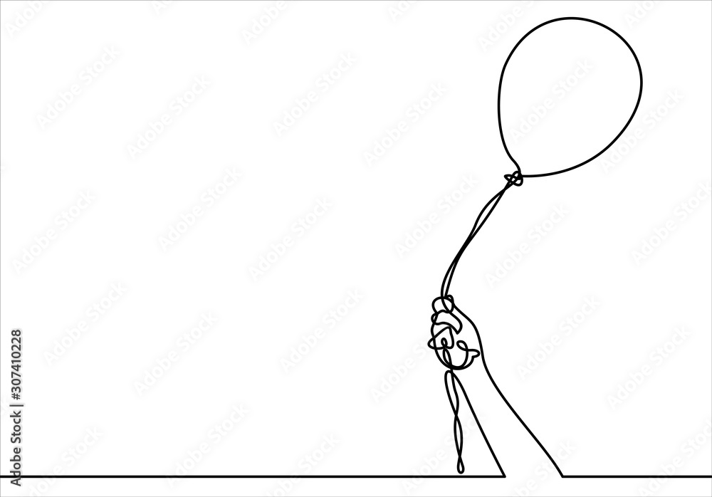 Aufkleber man holding in hand a balloons on a ribbon.vector continuous line.
