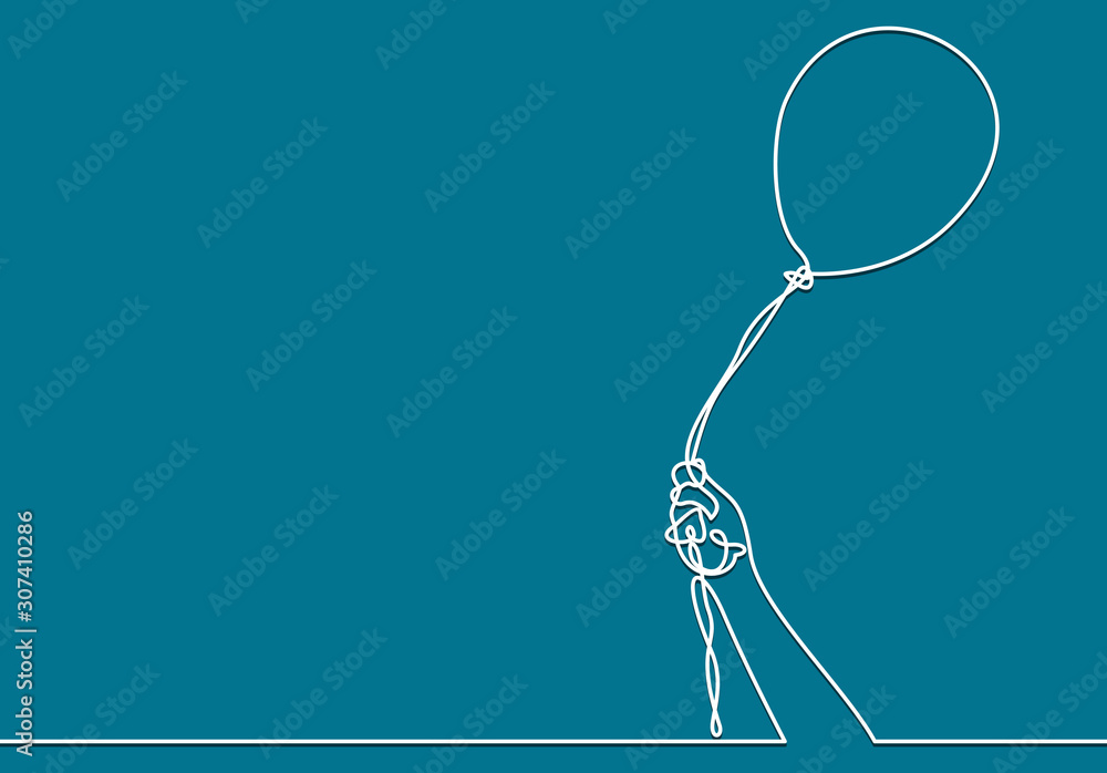 Aufkleber man holding in hand a balloons on a ribbon.vector continuous line.