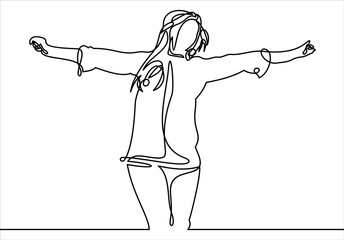 A young girl raised her hands up.Vector continuous line.