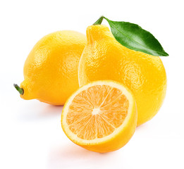 lemon with slice and leaf isolated white background