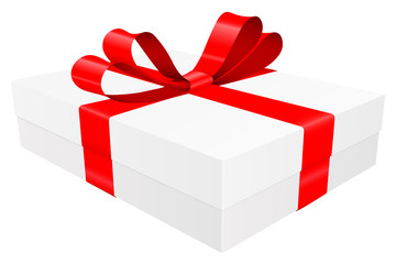 Gift box decorated with shiny red ribbon