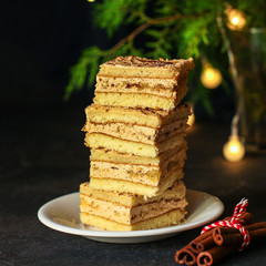 cake, sweet dessert sponge cake cream (biscuit, delicious holiday treat) menu concept. food background. top view. copy space