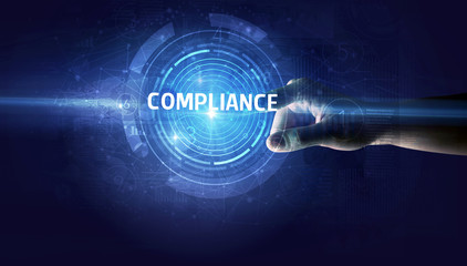 Hand touching COMPLIANCE button, modern business technology concept