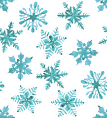 Watercolor illustration of blue freezing Christmas snowflakes pattern