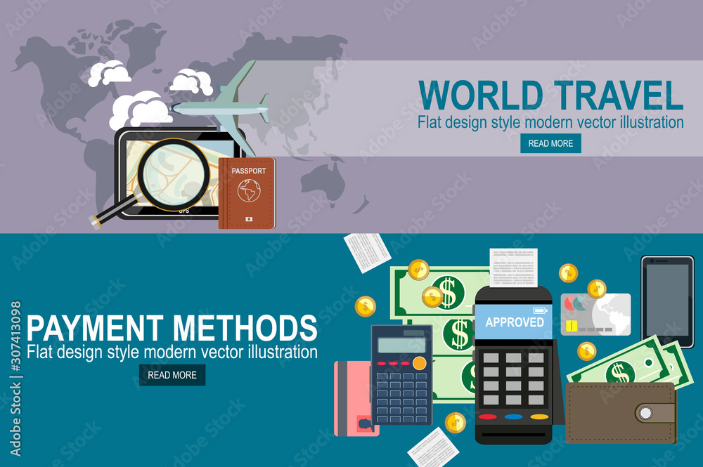 Aufkleber flat design illustration concepts for payment methods.modern flat design web icon and travel with ai