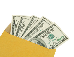 US dollars in yellow envelope isolated on white background with space for text