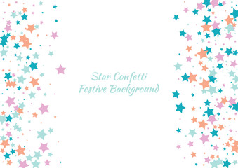 Festive color star confetti background. Abstract frame confetti texture for holiday, postcard, poster, website, carnivals, birthday and children's parties. Cover confetti mock-up. Wedding star layout