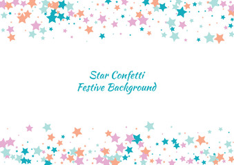 Festive color star confetti background. Abstract frame confetti texture for holiday, postcard, poster, website, carnivals, birthday and children's parties. Cover confetti mock-up. Wedding star layout