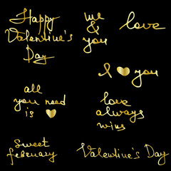 Fototapeta na wymiar Valentines day love golden text hand written collection in doodle style . love lettering.valentines day calligraphy in vector