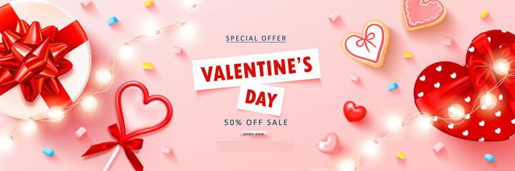 Valentine's day sale background with heart lollipop,cookies, streamers,gift box,marshmallow and garland. Modern design.Universal vector background for poster, banners, flyers, card,advertising