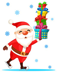 Santa Claus is skating and holding gift boxes in his hand, on a white background. Christmas