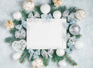 Christmas background frame in silver tones, with Christmas decorations, Christmas card, space for...