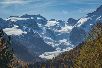 The Swiss mountains in the Engadine with woods, glaciers, near the village of Pontresina, Switzerland - October 2019.