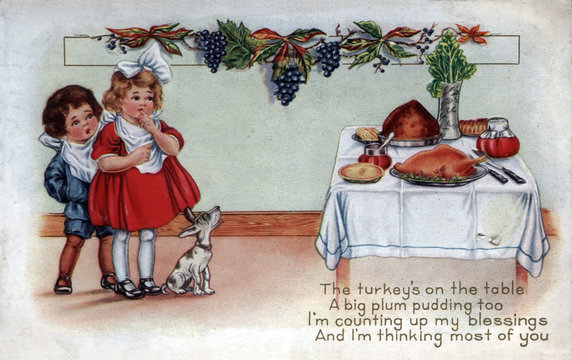 Two Young Girls And A Dog, Admire The Christmas Dinner, Turkey And Plum Pudding, Vintage Postcard Graphics Illustration, Thinking Of You.