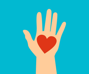 Raised hand with red heart on its palm on blue background. Help, charity and love concept. Flat design